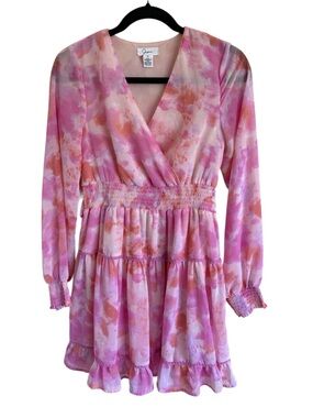 Japna Pink and Peach Watercolor Tiered Surplice Dress | Cottagecore